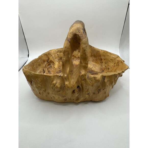 VTG Large Hand Carved Wood Tree Burl Wooden Bowl Basket Handle Shan Mu Tree - Picture 3 of 15
